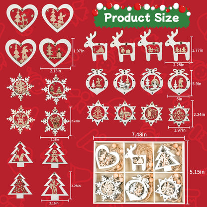 Christmas Tree Ornaments of Winter Wonderland, 24 Pack Christmas Wooden Hanging Craft Ornaments for 3D Rustic Farmhouse Christmas Decorations Gifts Home Party New Year Holiday Tree Decorations