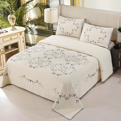 Quilt Set Blue Floral 3D Embroidery Pattern 3 PCS 100% Cotton Reversible Quilted Embroidered Decorative Bedspreads Coverlet Set, Lightweight &Soft King Size White Bedding Coverlet for All Season