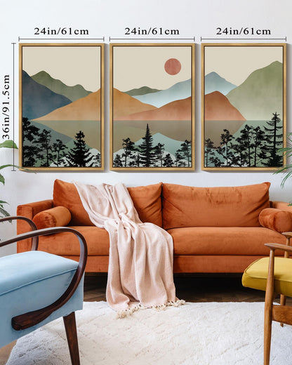 KUVIOKE Landscape Mountain Wall Art 24x 36in Large Set Lake Sunrise Pine Tree Forest Nature Scenry Wilderness Farmhouse Rustic Modern Art Decorative for Living Room Bedroom (Natural Framed)