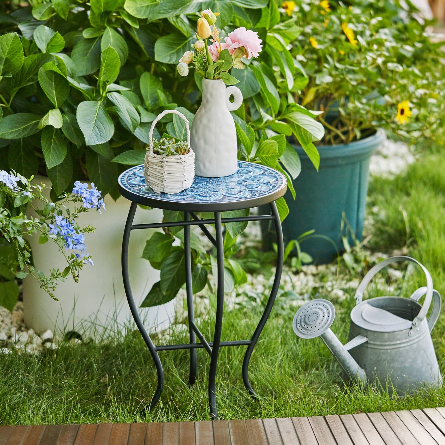 VONLUCE Mosaic Side Table and Plant Stand, 21" Round End Table with 14" Ceramic Tile Top, Indoor & Outdoor Accent Table, Porch Patio Furniture, Entryway & Coffee Table for Home & Garden, Blue Mandala