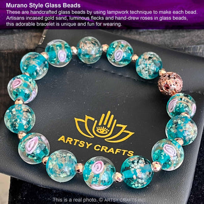 ARTSY Crafts Glow in The Dark Firefly Beads Bracelets, Ocean Blue Luminous Murano Glass Beads Jewelry Mermaid Crystals Healing Inspirational Bracelet Bangle (Ocean Blue, Wrist 6-7 in)