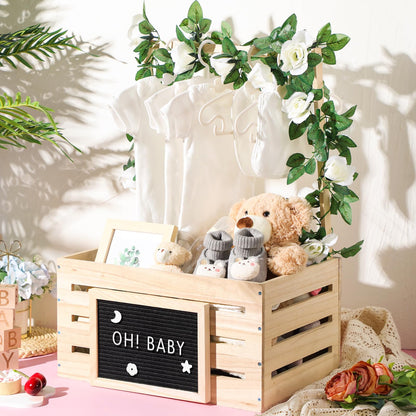 Barydat Wooden Baby Shower Crate Closet, Basket with Handle and Felt Letter Board Kit Garland Baby Shower Wooden Gift Crate Personalized Basket for Pregnancy Announcement New Parent(Wood)