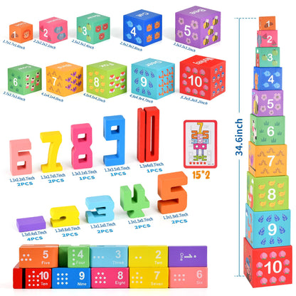 Wooden Number Building Blocks & Stacking Toys for Toddlers 3+ Years Old, Digital Building Blocks, 1-10 Digital Blocks Toys, Balance Competition Toy, Educational Gift for Kids Boys and Girls