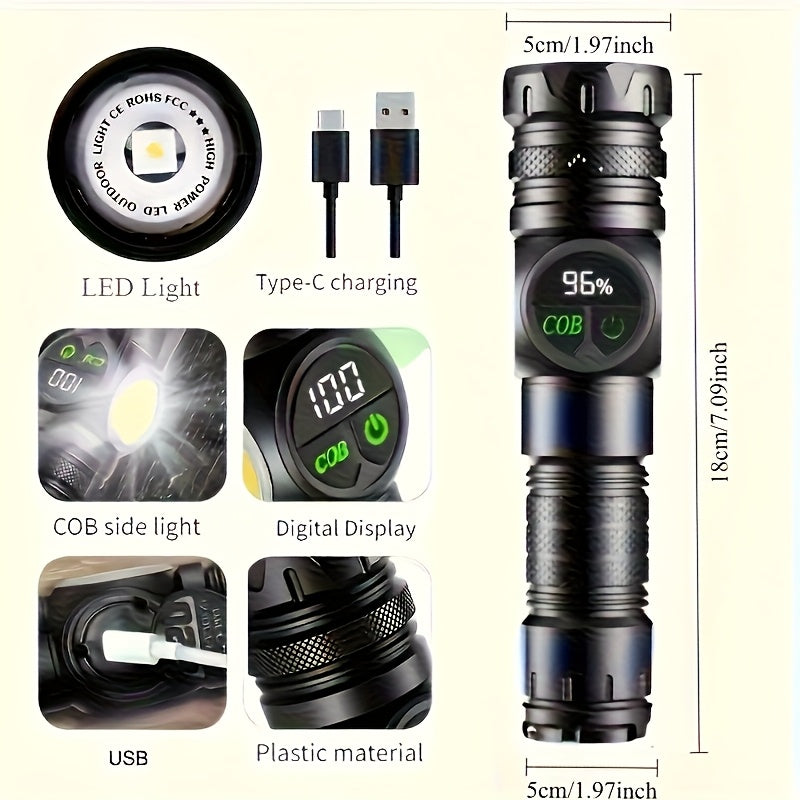 1pc Tactical LED Flashlight with Cob Side Lamp & Red/Blue Light - USB Rechargeable, 5-Mode Operation, Magnetic Base & Hanging Rope