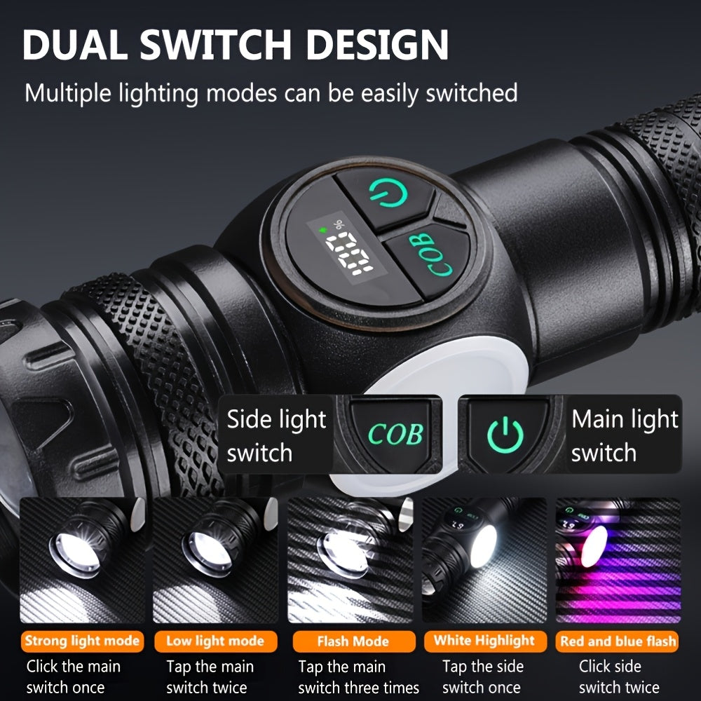 1pc Tactical LED Flashlight with Cob Side Lamp & Red/Blue Light - USB Rechargeable, 5-Mode Operation, Magnetic Base & Hanging Rope