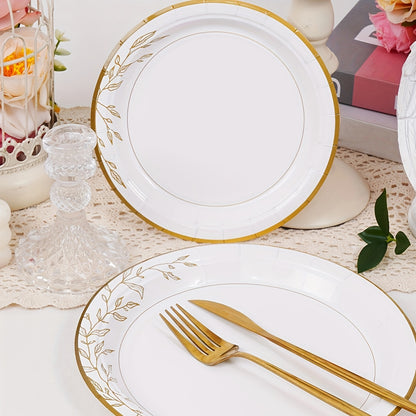300/200/100 Disposable Tableware Set, Golden Disposable Paper Plates, 9'' Disposable Dinner Plates, 7'' Dessert Plates, Minimalist Family-size Disposable Dinnerware For Wedding Birthday Banquet Anniversary Picnic Thanksgiving Christmas Party Decor