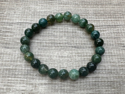 GAF TREASURES Moss Agate Crystal Bead Bracelet 8mm, Genuine Moss Agate Stretch Gemstone Bracelet, Healing Crystal Bracelet, Gift for Men & Women (1)