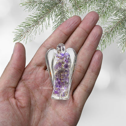 Amazing Gemstone Amethyst Guardian Angel Figurine Pocket Crystal Angel for Protection - Orgone Guardian Angel with Orgonite Layer and Natural Crystal for Healing Gift (2 Inch, Organite)