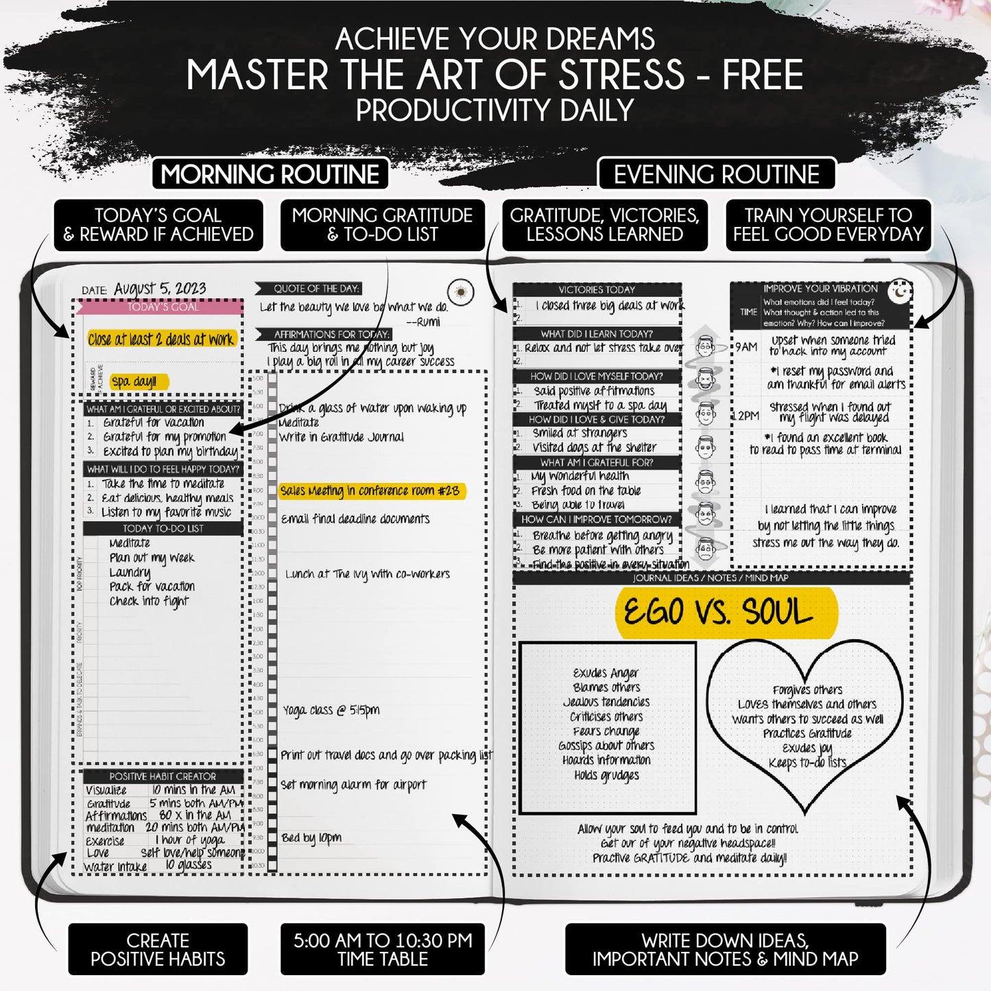 Adhd Daily Planner - A Self Care Personal Gratitude Journal to Increase Productivity and Success in Life & Work, Weekly & Monthly Undated Planner for Women and Men, Vision Board & Organizer + Stickers