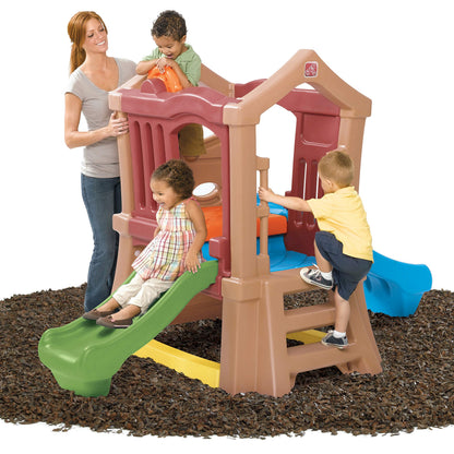 Step2 Play Up Double Slide Climber, Kids Outdoor Playset, Backyard Playground Set, 2 Slides, Elevated Playhouse, Outside Jungle Gym, For Toddlers 2-6 Years Old