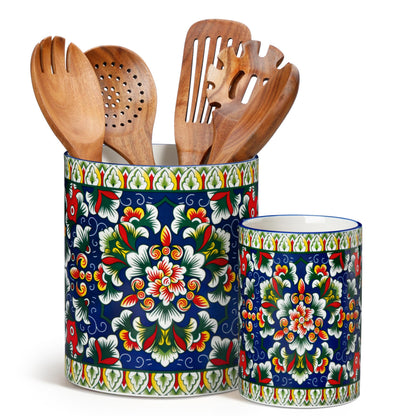 vancasso SIMI Utensil Holder, 7.3"+5.5" Porcelain Kitchen Utensil Holder for Countertop, Bohemian Kitchen Utensil Organizer for Spatulas, Spoons, Decorative Counter Utensil Crock, Verdant Jewel