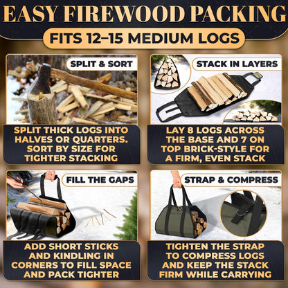 Water-Resistant Firewood Carrier Bag – 39.4"x18.5" Waxed Canvas Log Carrier for Firewood, Open-Ended Design, Large Capacity Wood Tote with Padded Handles, Buckle Strap & Folds Flat for Easy Storage