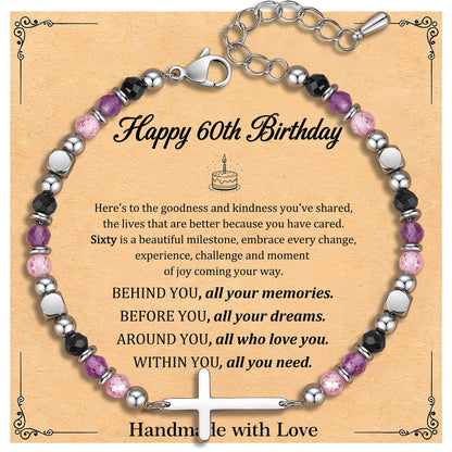60th Birthday Gifts for Women, 60th Birthday Decorations, Dainty Christian Cross Bracelet – Adjustable Anxiety Relief Friendship Jewelry for Friend, Sister, Mom