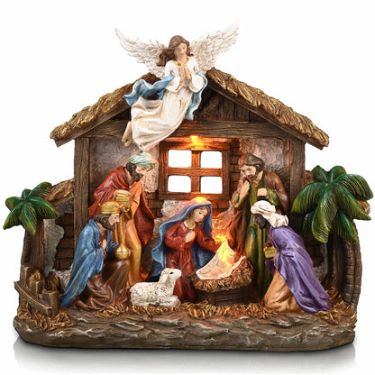 Valery Madelyn Christmas Nativity Figurines with LED Lights, Red Gold Holy Family Nativity Scenes Set Resin Manger for Xmas Indoor Home Table Fireplace Holiday Decorations, 10.6 Inch Tall