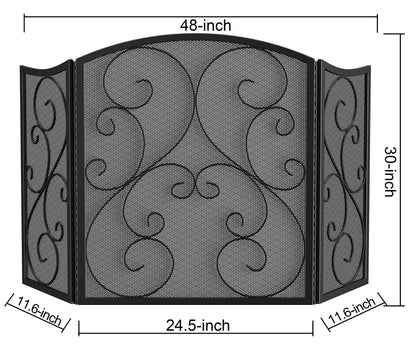 Fire Beauty Fireplace Screen 3 Panel Wrought Iron Metal 48"(L) x30(H) Spark Guard Cover(Black)