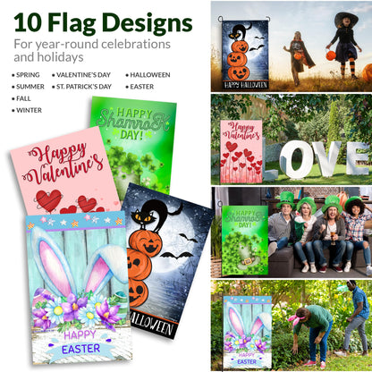 Seasonal Garden Flags Set of 10 12x18 inch Double Sided Yard Flags, Outside Small Garden Flag with Anti-Wind Clip and Stopper, Outdoor Holiday Lawn Decorative Decor