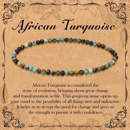 BONNY BOXX Natural Genuine Gemstone Faceted Round Beads Bracelets, 3mm Adjustable Stretchy Tiny Faceted African Turquoise Bracelet, Healing Crystal Reiki Chakra Dainty Jewelry Fashion Gifts