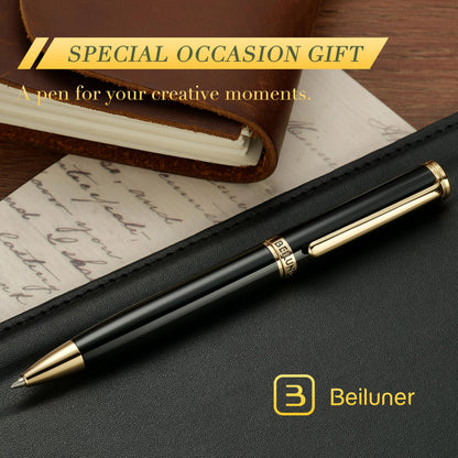 BEILUNER Luxury Gel Pen with 24K Gold Finish, Black Piano Lacquer, Luxury Grade Craftsmanship, Best Pen Gift Set for Men and Women, Professional, Executive, Office, Retractable Nice Pens
