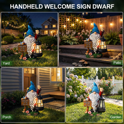 ZQQLITE Garden Gnome Statues Figurine Lights - Solar Powered Lighting Outdoor Decorations with Lantern & Welcome Sign, Yard Art Lawn Ornaments for Porch Patio Balcony - Gnome Gifts for Women Mom