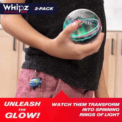 USA Toyz Whipz Duo Micro Racers Toy Cars for Kids - 2pk Mini Keychain, Glow in The Dark LED Fast Pocket Racers Fidget Toys, 2 Mini Cars with 2 Racing Stunt Balls, 2 Clips, and 2 USB Chargers