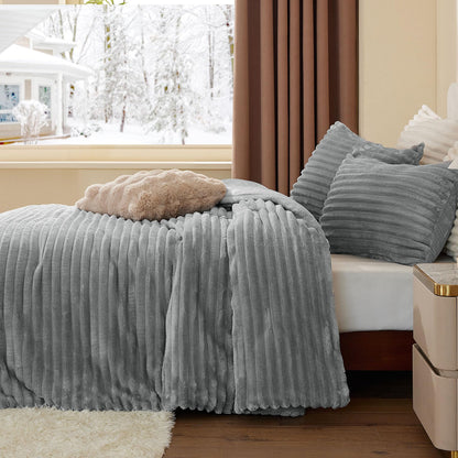 BEDELITE Fleece Queen Comforter Set -Super Soft & Warm Fluffy Light Grey Bedding, Luxury Fuzzy Heavy Bed Set for Winter with 2 Pillow Cases