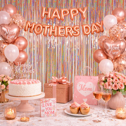 Photo Backdrop for Mothers Day Decorations, Melsan Rose Gold Tinsel Backdrop 2 Pack, Sparkle Foil Fringe Curtains for Rose Gold Birthday Decorations, 3.2 ft x 8.2 ft