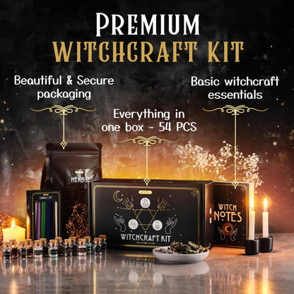 Wyspell Witchcraft Supplies Kit - 54PCS - Witch Kit for Altar: Spell Candles, Dried Herbs, Healing Crystals in Jars - Wiccan Supplies & Tools - Witchy Gifts for Beginners