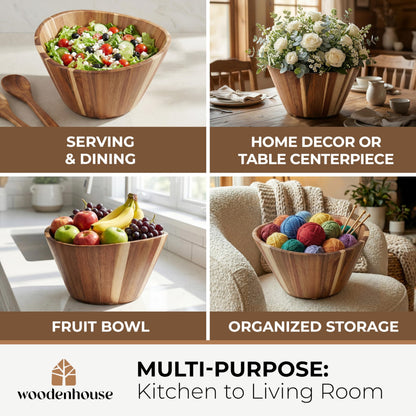 Extra Large Wooden Salad Bowl - Acacia 12” Multi-Purpose Wood Bowls - Decorative Bowls for Home Decor, Storage, Serving, Yarn - Durable Wavy Handmade Design - Wooden Fruit Bowl for Kitchen Counter