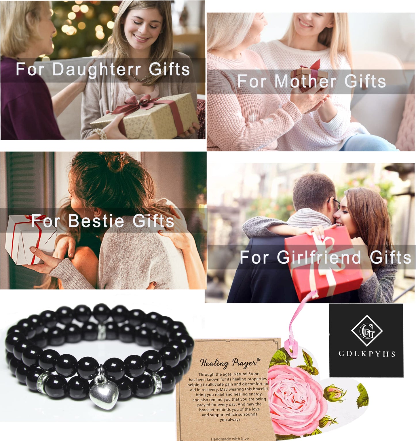 GDLKPYHS Healing Bracelets for Women - Black Obsidian Bracelet - Healing Prayers Crystal Bracelet, 8mm Natural Stone Stress Relief Yoga Beads Get Well Soon Gifts