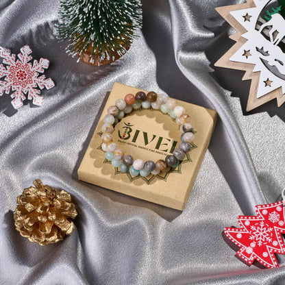 Bivei Natural Gemstone Semi Precious Crystals Handmade Stretchy Round Beads Bracelet, Enhance Positive Energy,Stocking Stuffers for Women(Bamboo Leaf Agate & Amazonite (Good Luck) Medium)