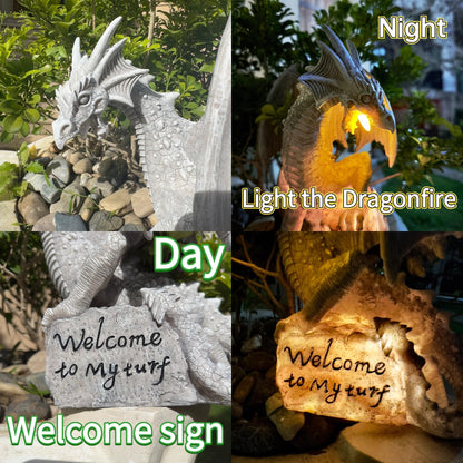 Jy.Cozy Garden Large Dragon Statue Solar Powered Outdoor Figurine Light The Dragonfire Welcome to My Turf Sign Big Resin Sculpture Home Decoration Housewarming Ornament Unique Gift
