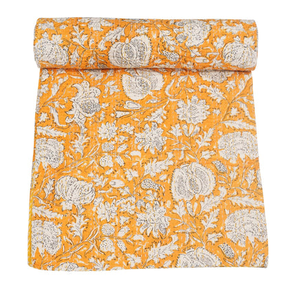 Marubhumi Indian Handmade Traditional Hippie Floral Print Kantha Quilt Indian Cotton Bedding Throw Blanket Bespread Hand Stitched with Love (Yellow, Queen (90"x 108"))