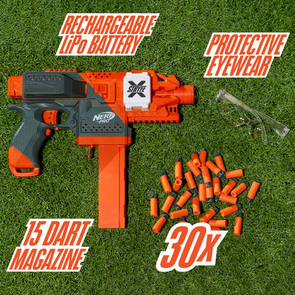 NERF Pro Stryfe X Dart Semi-Auto Blaster, Rechargeable LiPo Battery, 30 AccuStrike Half-Length Darts, 15-Dart Magazine, 150 FPS, Eyewear, 14+ (Amazon Exclusive)