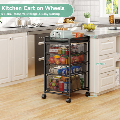 keomaisyto 5-Tier Kitchen Storage Cart with Top Basket & Drawers, Fruit and Vegetable Storage Rack on Lockable Wheels, Metal Kitchen Organization for Snacks, Potatoes, Onions, Cans & Craft Supplies