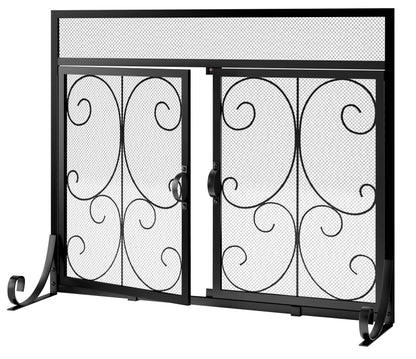 Calidola Large Flat Fireplace Screen with Doors, Wrought Iron Frame with Metal Mesh, Flat Panel Decorative Fireplace Screen with Scroll Design, Free Standing Spark Guard,Black