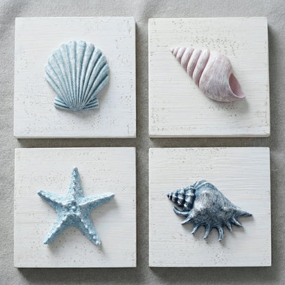 TideAndTales Beach Decor Seashell Wall Art - (Set of 4) Textured 3D Shells and Starfish Decorations for Home or Beach House, Rustic Ocean Theme Coastal Bedroom or Bathroom Wall Decor 6" x 6"