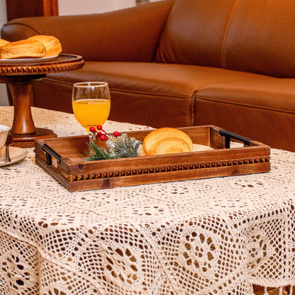 Rustic Wood Serving Tray with Handle Brown Rectangular Decorative Trays Farmhouse Charcuterie Boards Platter for Food, Fruit, and Coffee Great for Bed, Living, Coffee Table, Kitchen and Party