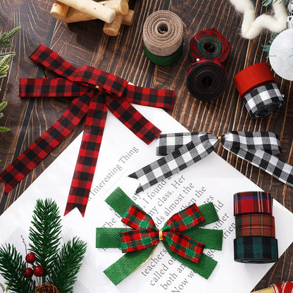 Whaline 10 Rolls 50 Yards Christmas Burlap Ribbon Rolls 1 Inch Wired Plaid Wrapping Ribbons Xmas Decorative Ribbon for Wreath Bow Gift Decor