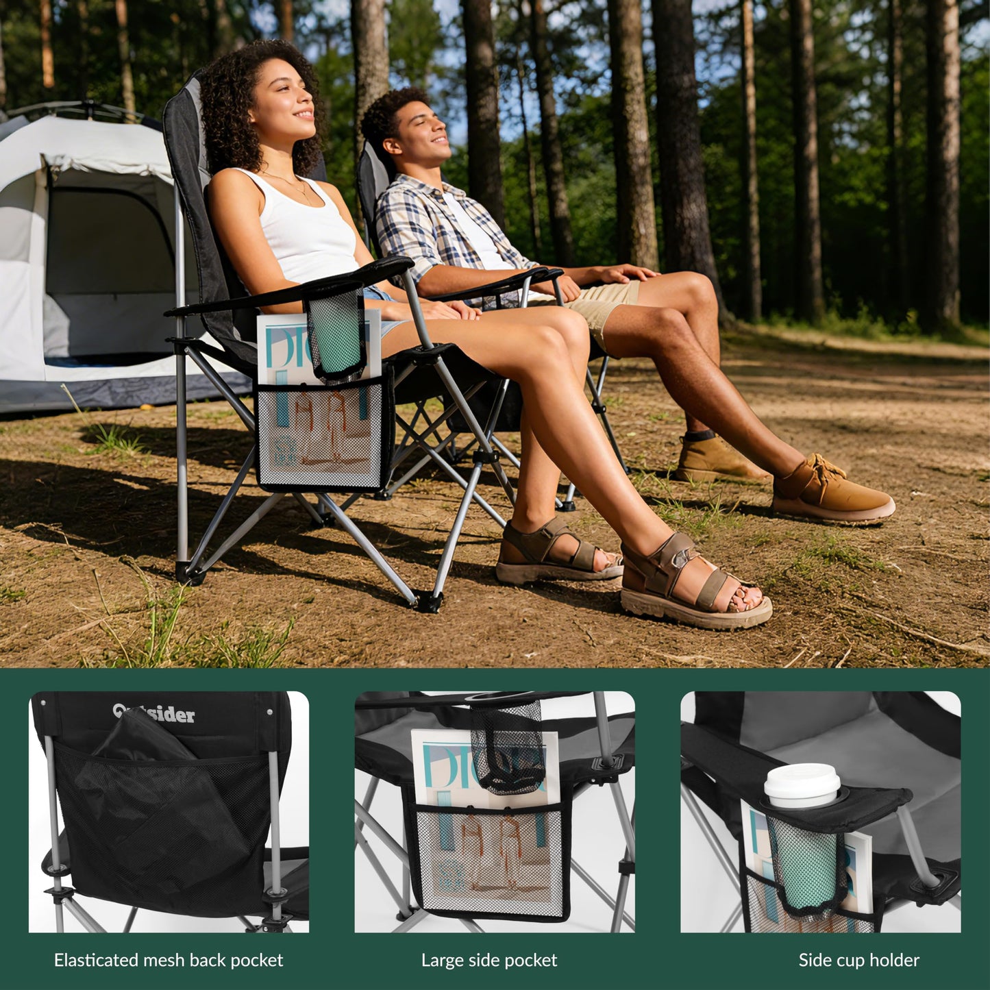 OUTSIDER Folding Camping Chair for Adults Heavy Duty – Supports 400 lbs, Portable Chair with Cup Holder, Side Pocket & Large Rear Mesh Storage Bag, Lightweight Lawn Chair for Camping (Style-4, 2)