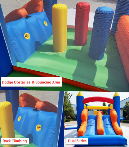 HuaKastro 16.3x7.2FT Kids Inflatable Obstacle Bounce House with Dual Racing Slides, Crawl Tunnels, Climbing, Obstacles, Jumping All in One Castle Great for Children's Outdoor Party - with Blower