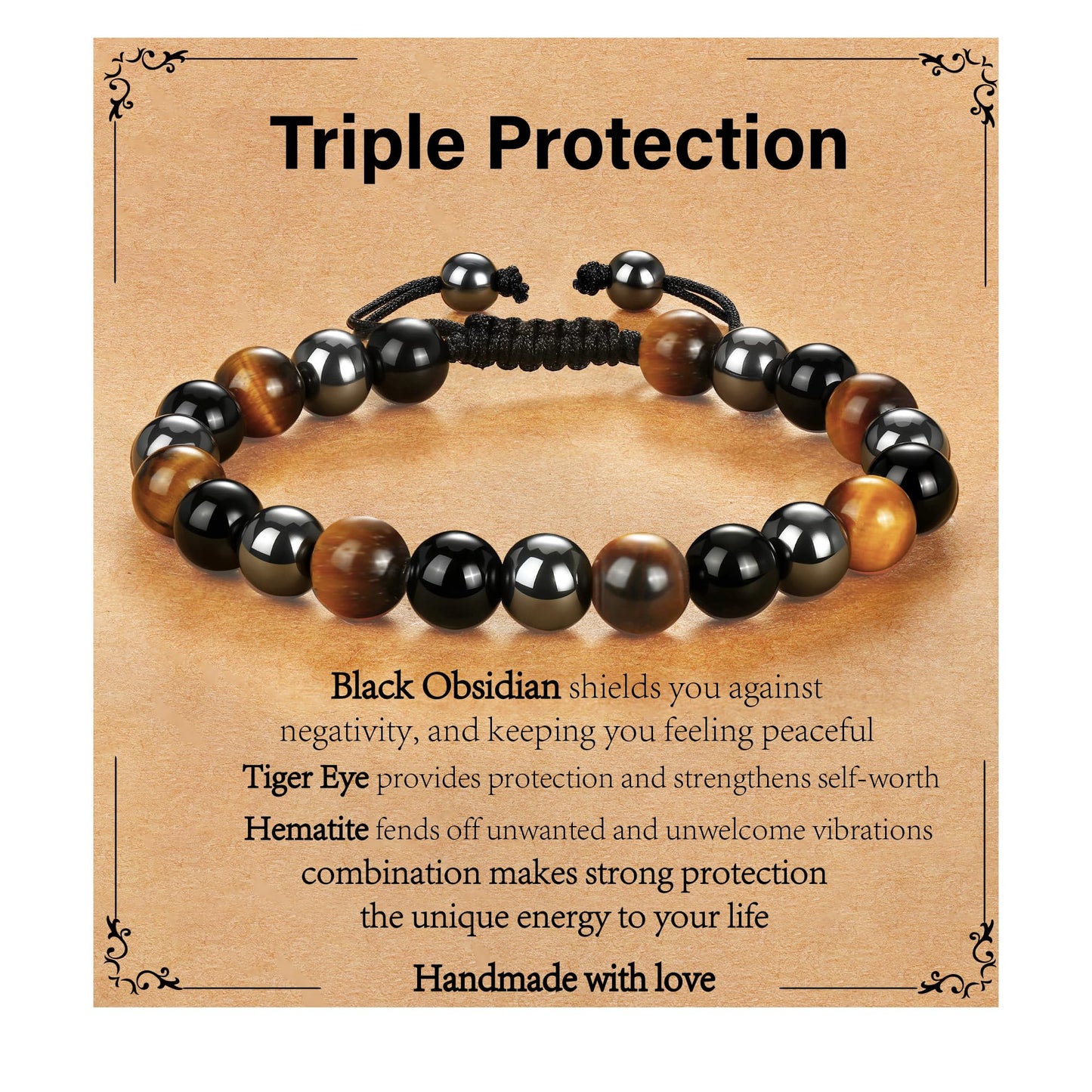 Gnamy Triple Protection Beaded Bracelet Gifts for Men, Adjustable Tiger Eye Black Obsidian Hematite Bracelets Christmas Birthday Valentines Anniversary Healing Sobriety Jewelry Gifts for Husband Dad Boyfriend Brother Him