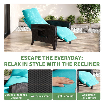 IDEALHOUSE Wicker Outdoor Recliner Reclining Patio Chair with Adjustable Back & Footrest 150° Lay-Flat Reclining with Air Pump Rattan Flip-Up Side Table Outdoor Lounge Chair for Pool Deck Balcony