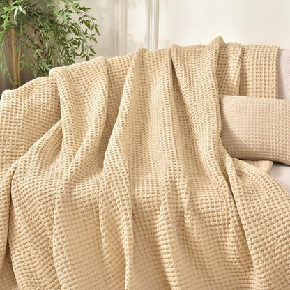 PHF 400GSM 100% Washed Cotton Waffle Weave Blanket, Cozy Breathable Skin-Friendly Throw King Size for All Season, Luxury Fall Layer Bedspread for Couch Bed Sofa, Elegant Home Decor,Beige,104"x90"