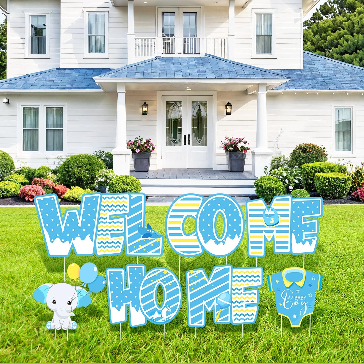 Welcome Home Baby Boy Decorations 7 Pieces Welcome Boy Yard Sign with Stakes Blue Gender Reveal Lawn Sign for Baby Shower Party Supplies Newborn Announcement Outdoor Lawn Garden Yard Decor