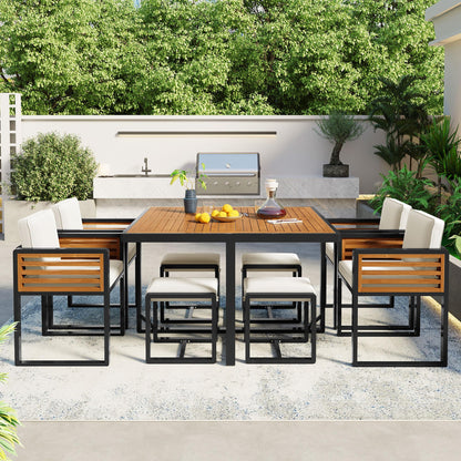Merax 9 Pieces Outdoor Dining Set for 8 People, Acacia Wood Patio Furniture Sets with 1 Square Table, 4 Cushioned Chairs and 4 Ottomans for Backyard, Garden, Lawn, Poolside, Space Saving Design, Beige