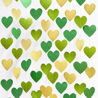 Gold and Green Heart Party Decorations Glitter Paper Love Heart Hanging Banner Streamer Garland for Birthday Wedding Valentines Day Spring Master Golf St Patrick's Day Christmas Holiday Party Supplies