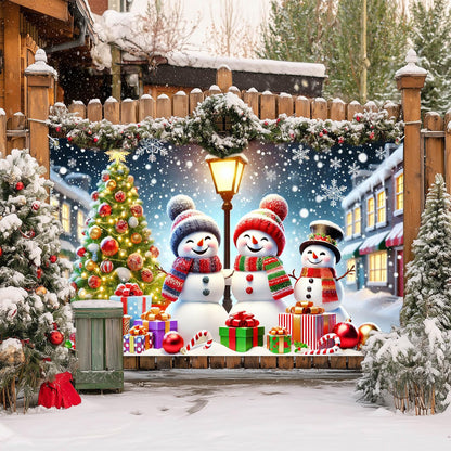 BlissYard Winter Christmas Snowman Banner Backdrop 71x43 Inch Holiday Wall Decoration with Snowy Night Tree Streetlight and Gift Scene for Indoor Party Display Merry Christmas Home Decor