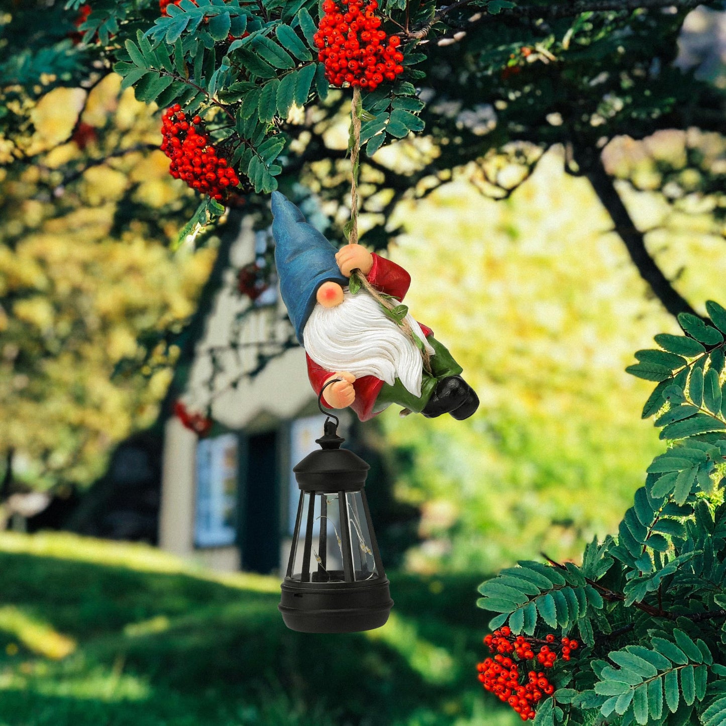 WONDHOME Solar Hanging Gnome Garden Statues Climbing Rope Gnome with LED Lantern Spring Outdoor Decor Tree Hugger Yard Porch Wall Fence Decoration Mother's Day Birthday Gifts for Mom Women