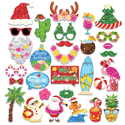 25-Piece Funny Tropical Christmas Photo Booth Props Kit - Beach Santa Holiday Party Supplies for Adults, Hawaiian Luau, Holiday Beach Party Decorations with Sticks & Stickers