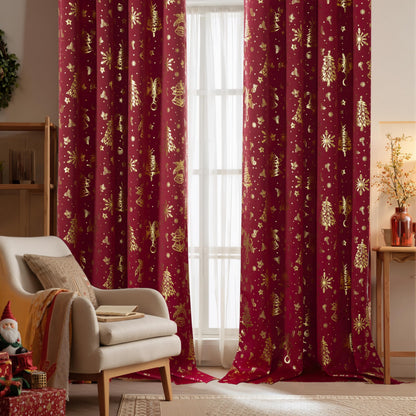 NICETOWN 2 Panels Christmas Red Curtains 52 x 84 Inch, Gold Foil Printed Grommets Drapes, Xmas Theme Window Treatment for Holiday Home Decor, Set of 2 Christmas Style Curtain Panels